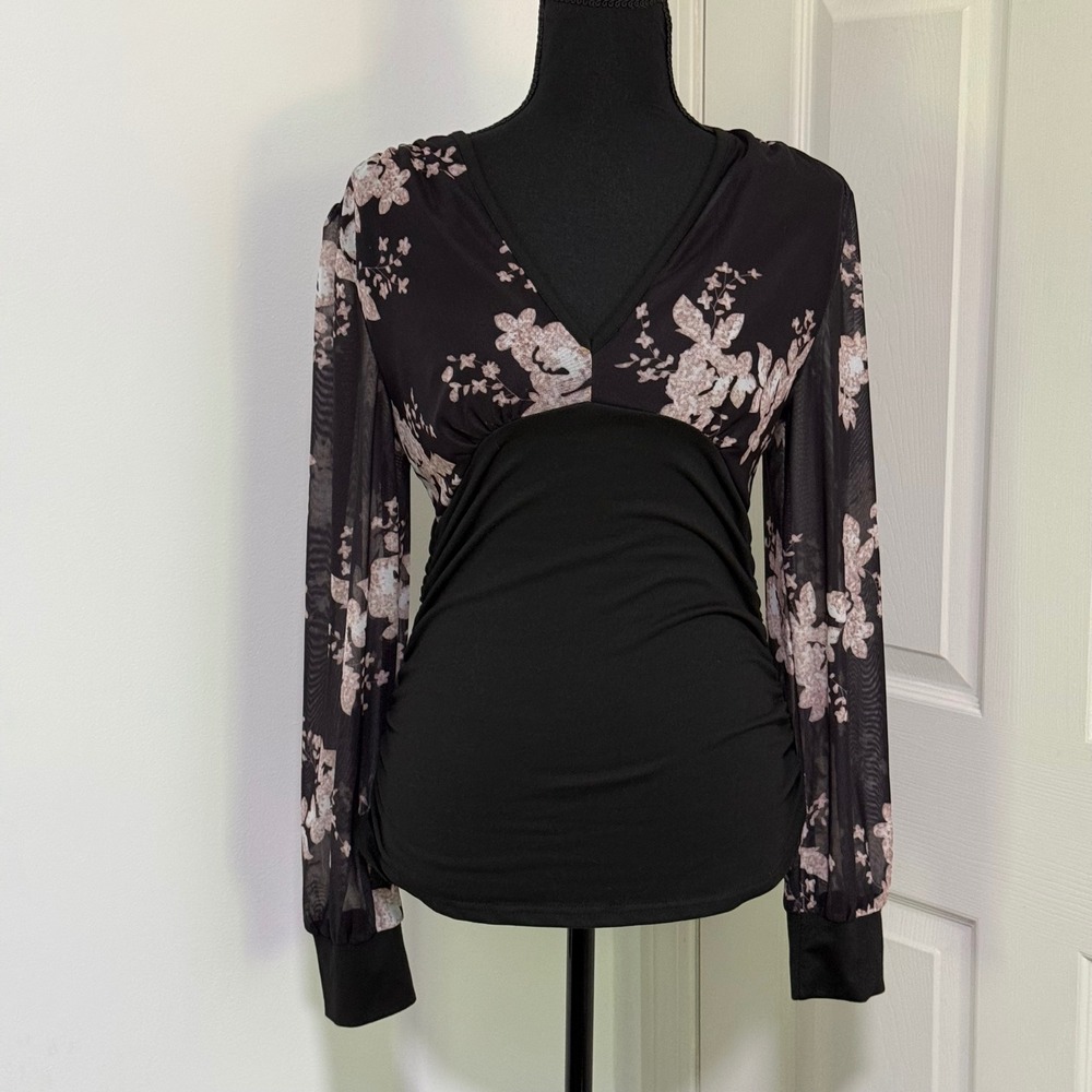 Coquette Romantic Fairy Grunge Floral Mesh Top Womens Medium Black Ruched V Neck
